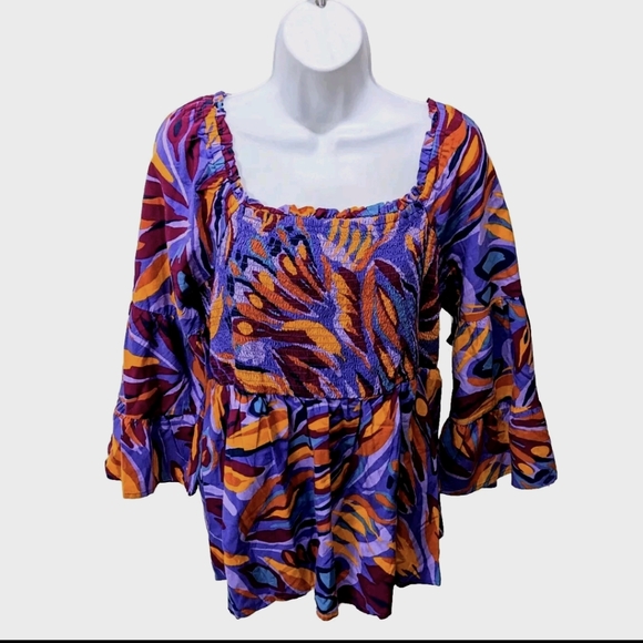 NWT Terra & Sky Smocked Top Womens 14W 3/4 Sleeve Colorful - Picture 4 of 11